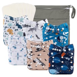 babygoal Reusable Cloth Diapers 6 Pack+6pcs Rayon from Bamboo Inserts+Wet Bag, One Size Adjustable Washable Pocket Nappy Covers for Baby Boys and Girls 6FB36