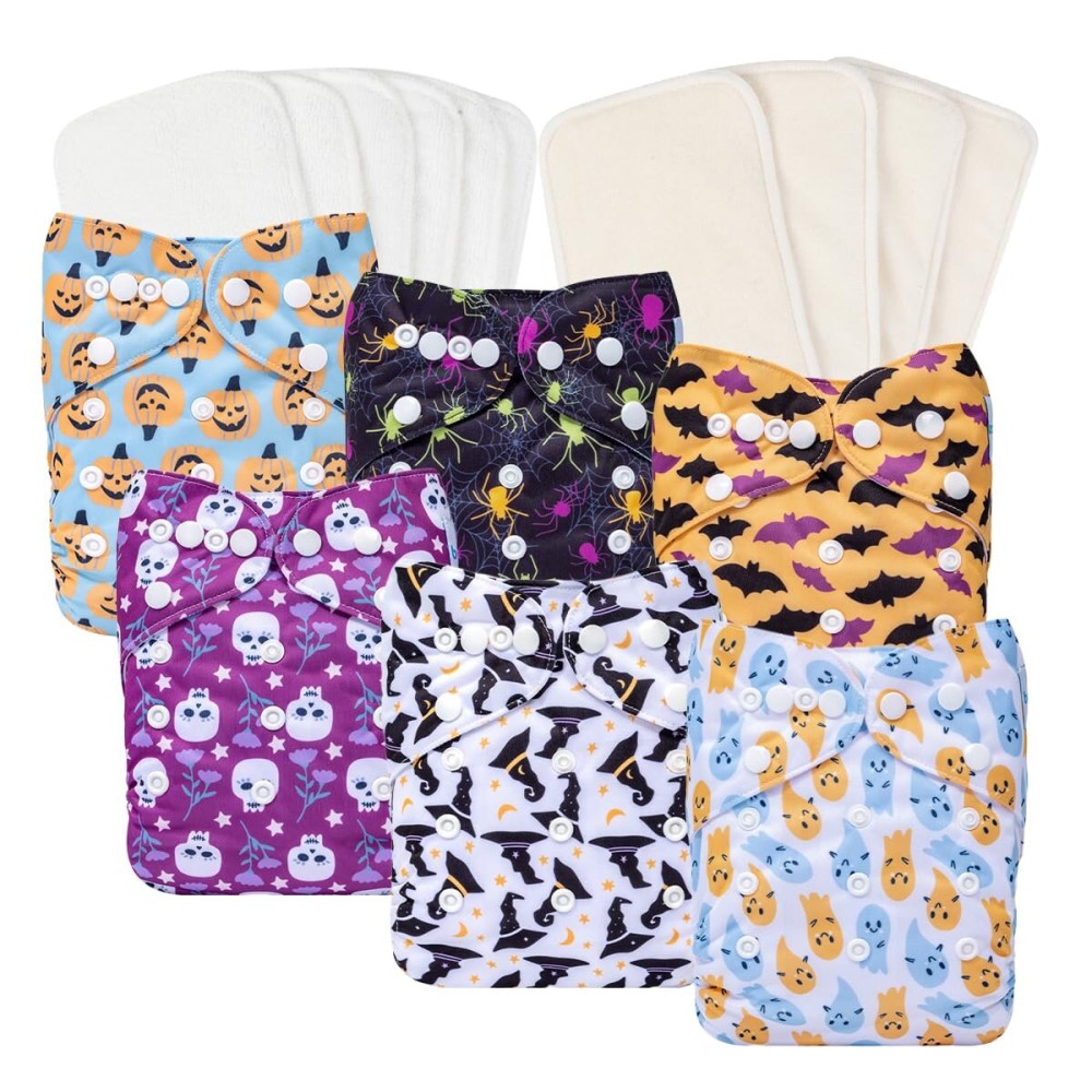 Babygoal Halloween Cloth Diapers 6 Pack with 10 Inserts, Baby Reusable Adjustable Washable One Size Pocket Nappy Covers 6FN35