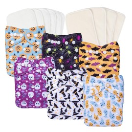 Babygoal Halloween Cloth Diapers 6 Pack with 10 Inserts, Baby Reusable Adjustable Washable One Size Pocket Nappy Covers 6FN35