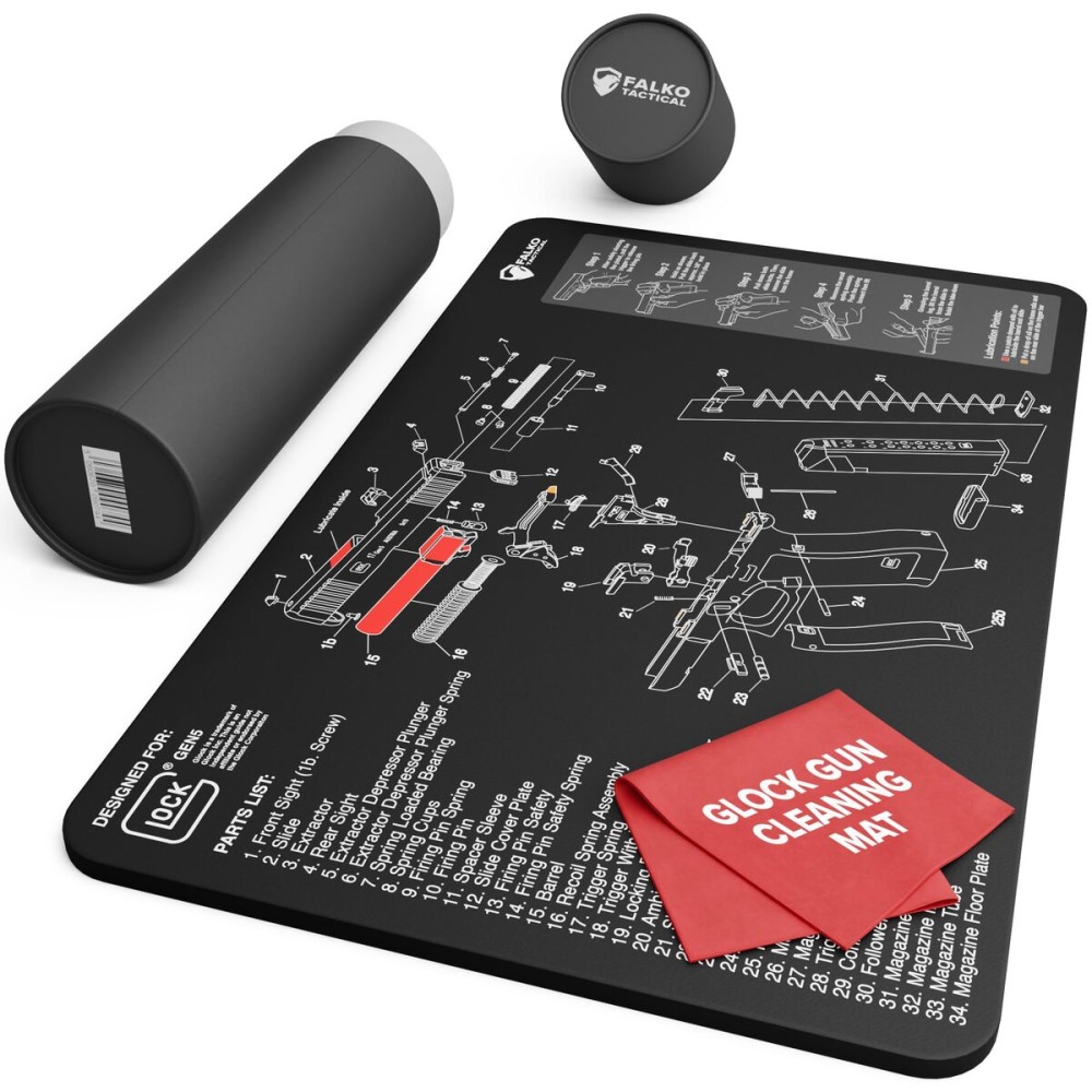 Falko Tactical Gun Cleaning Mat for Glock - Double Thickness Gun Mat - HD Exploded Diagram Including Parts List, Lubrication Points and Disassembly Steps (20 by 12 Inches)