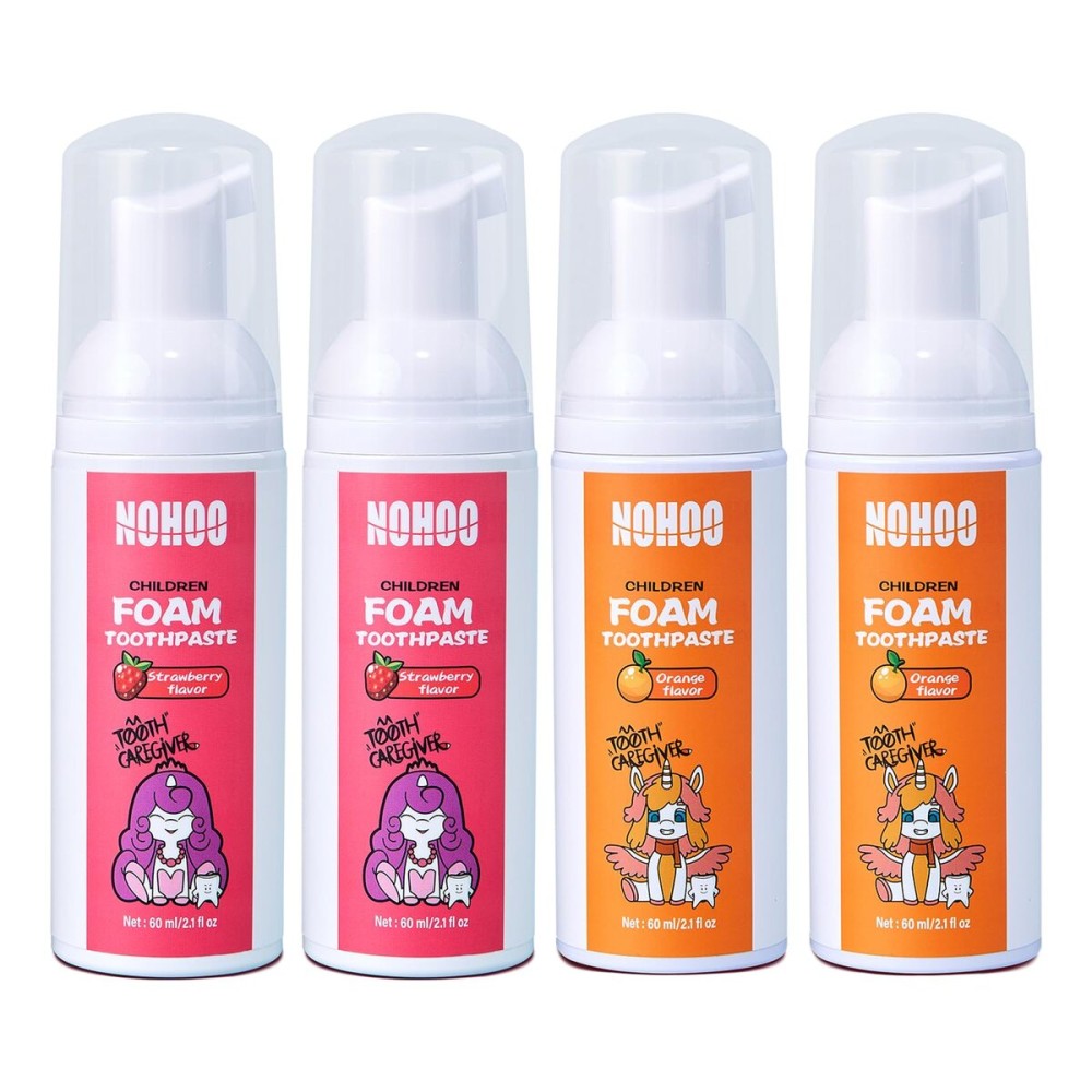 NOHOO Fluoride Free Foam Toothpaste Kids Fruit Flavour,Natural Training Toothpaste for Baby Toddler Children Oral Cleaning and Cavity Protection (2 Strawberry + 2 Orange)