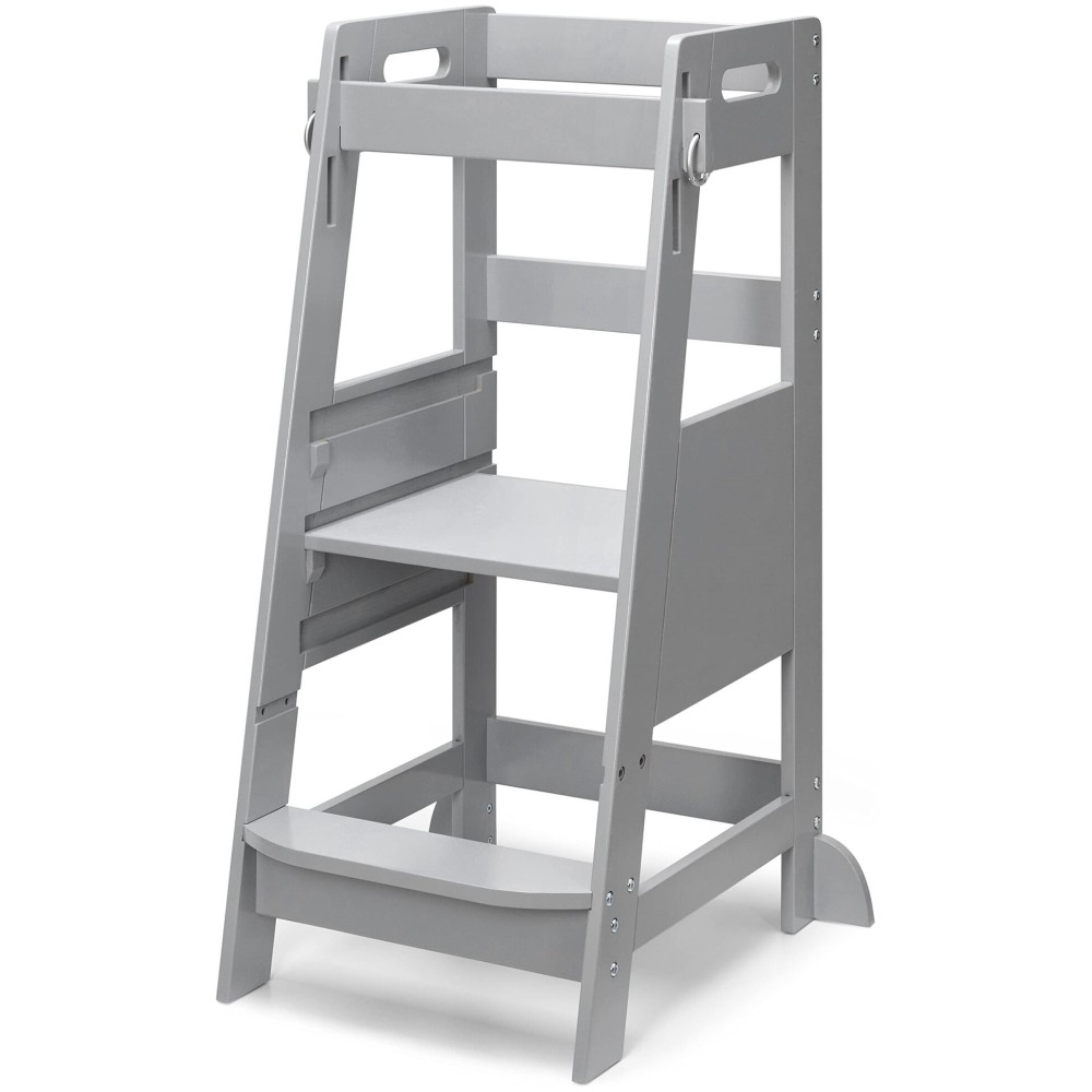 TOETOL Bamboo Toddler Step Stool Grey Learning Standing Helper Tower for Toddlers Kitchen Stools Counter 3 Height Adjustable Helper with Non-Slip Mat