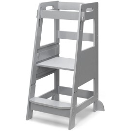 TOETOL Bamboo Toddler Step Stool Grey Learning Standing Helper Tower for Toddlers Kitchen Stools Counter 3 Height Adjustable Helper with Non-Slip Mat