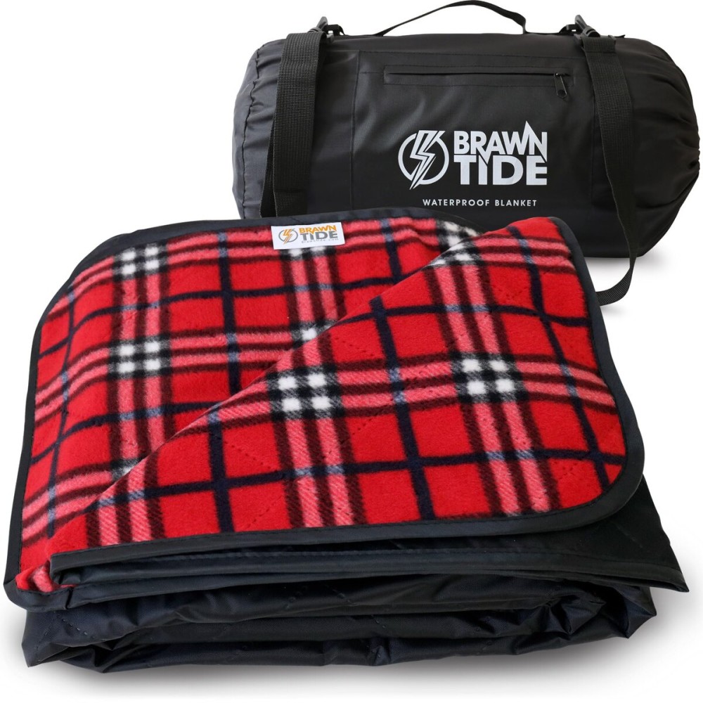BRAWNTIDE Large Outdoor Waterproof Blanket - Thick Tartan Plaid Fleece, Warm, Windproof, Sandproof, Ideal for Camping, Parks, Grass, Hiking, Travel, Includes Stuff Sack, Shoulder Strap (Plaid Red)