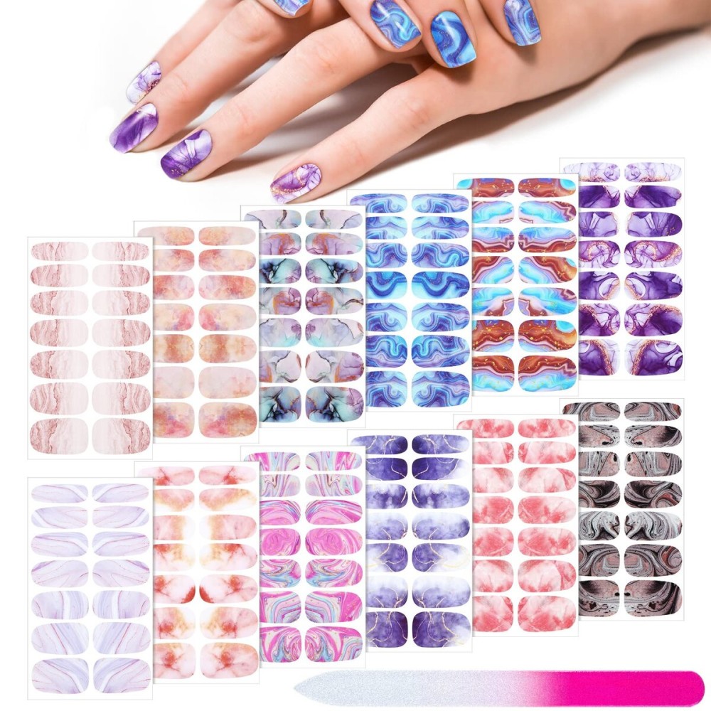 Maitys 168 Pcs 12 Sheets Full Wrap Nail Stickers Polish Strips Gradient Stickers Glitter Self Adhesive DIY Gel Nail Strips Decals with 1 Pcs Fingernail Files for Holiday Decor(Vivid Style)