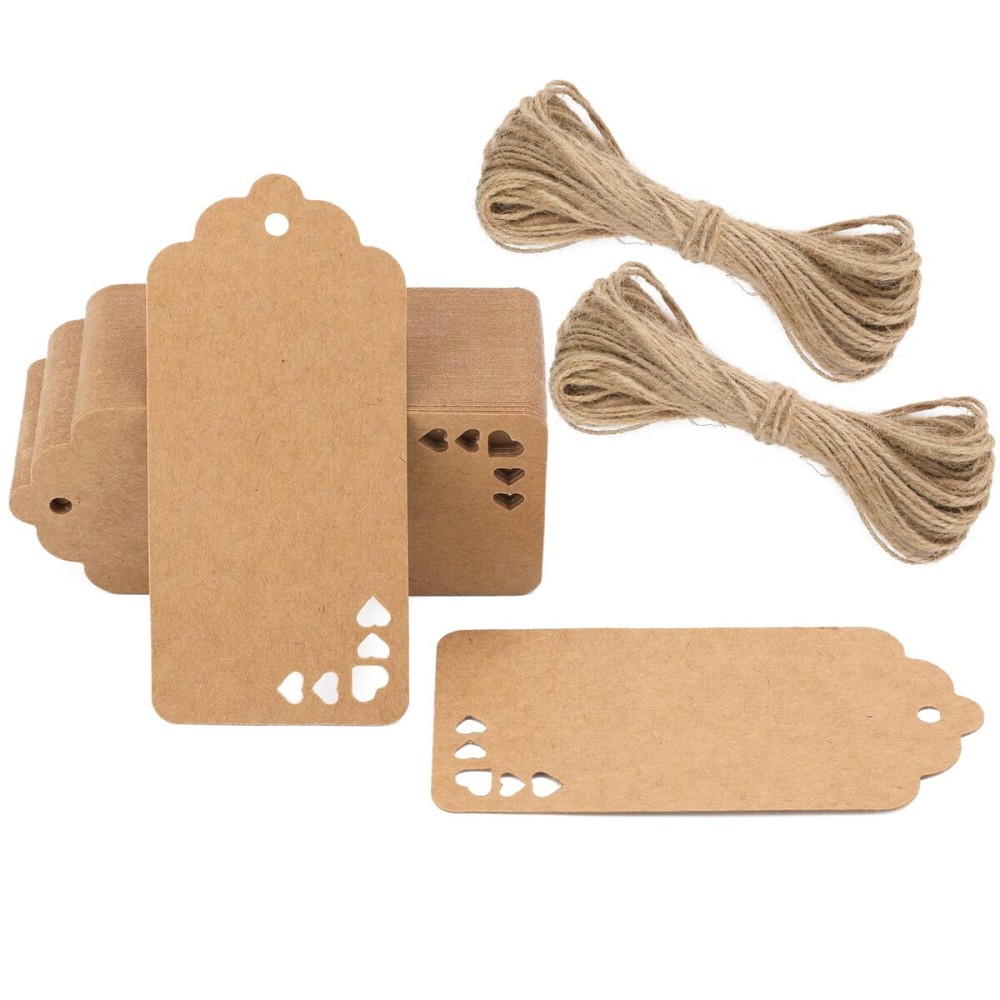 G2PLUS Kraft Paper Hollow Heart Gift Tags,100 PCS Brown Paper Heart Shape Blank Hang Tags with Twine for Party Favors, Baby Shower Favors, Wedding,Thanksgiving,Valentine\'s Day, and Crafts Decoration