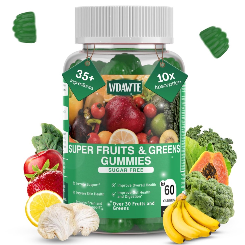 VIDAVITE Sugar-free Super Greens Gummies - US-Made, 35+ Fruit and Veggie gummies to Boost Immunity, Skin & Gut Health - Ideal Fruits and Vegetables Supplement for Adults & Picky Teens (30-Days Supply)