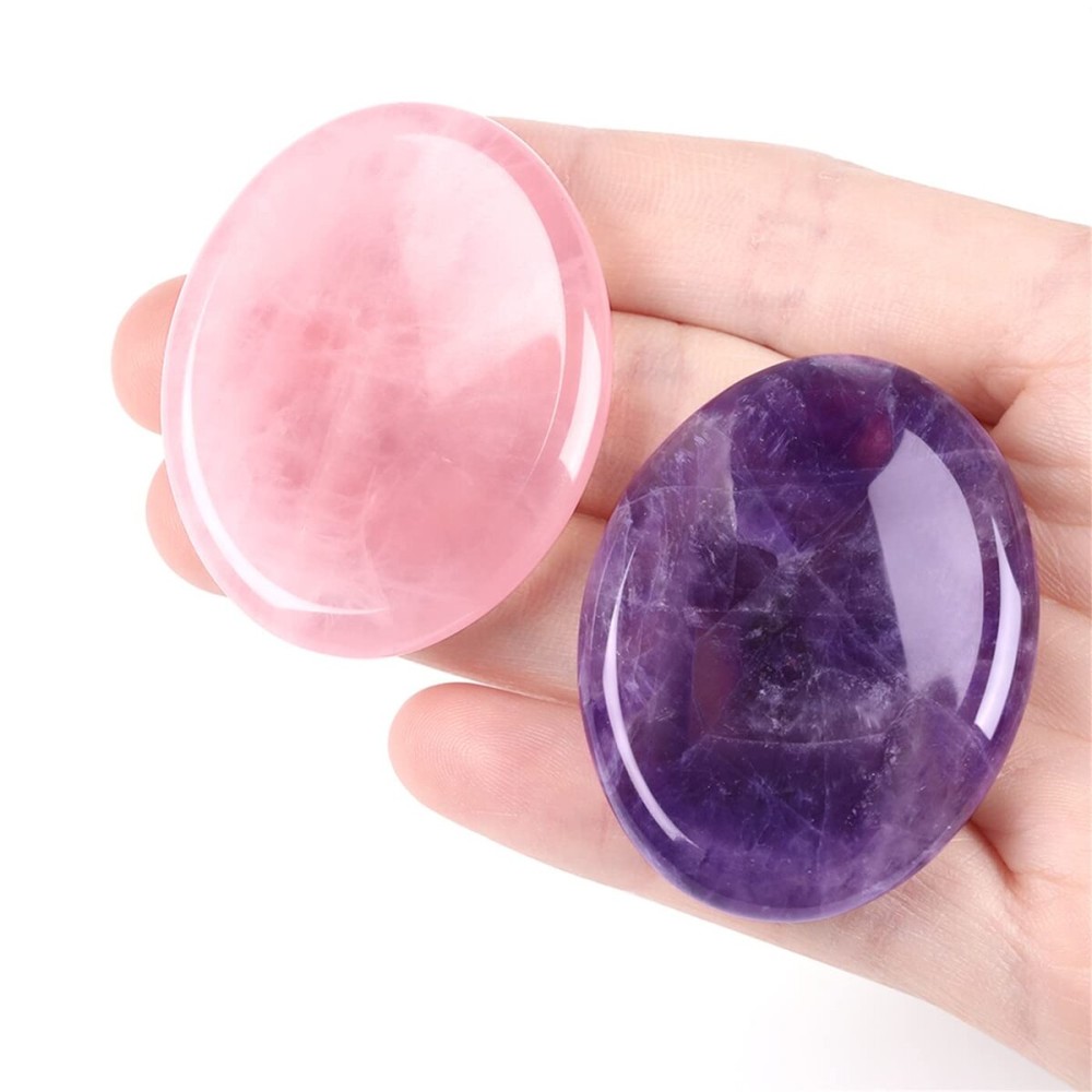 Thumb Worry Stones for Anxiety Healing Crystals Set 2PCS Natural Amethyst Rose Quartz Crystal Hand Carved Pocket Palm Stone Gemstones Reiki Meditation Witchy Spiritual Stress Relief Gifts for Women