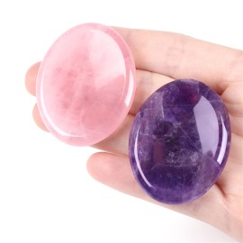 Thumb Worry Stones for Anxiety Healing Crystals Set 2PCS Natural Amethyst Rose Quartz Crystal Hand Carved Pocket Palm Stone Gemstones Reiki Meditation Witchy Spiritual Stress Relief Gifts for Women