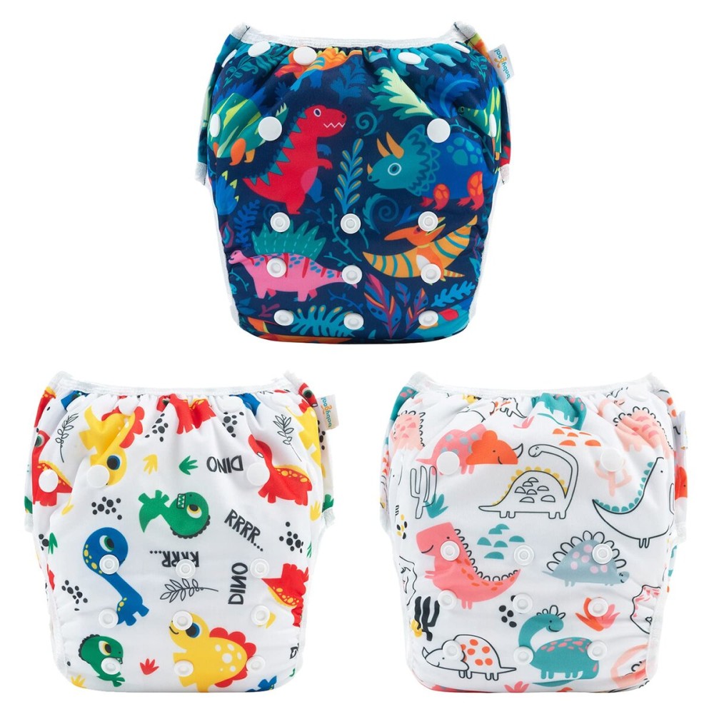 Babygoal Baby Swim Diapers 3 Pack for 0-8 Months Infant Girls and Boys, Reusable Adjustable Washable for Swimming Lessons-Dinosaurs