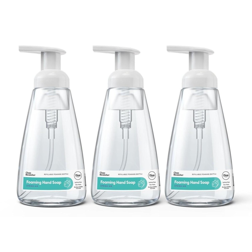 Clean Revolution Ready to Use Foaming Hand Soap | Three Pack | Jumbo 15oz Bottles | Gentle, Moisturizing & Eco-Friendly | Real Essential Oils | Spring Air | 45 Total Fl Oz, Clear
