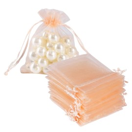 HRX Package 100pcs Little Organza Bags 3 x 4 inch, Blush Peach Mesh Bags Drawstring Pouches for Jewelry Bracelets Candy Party Favor Small Gift