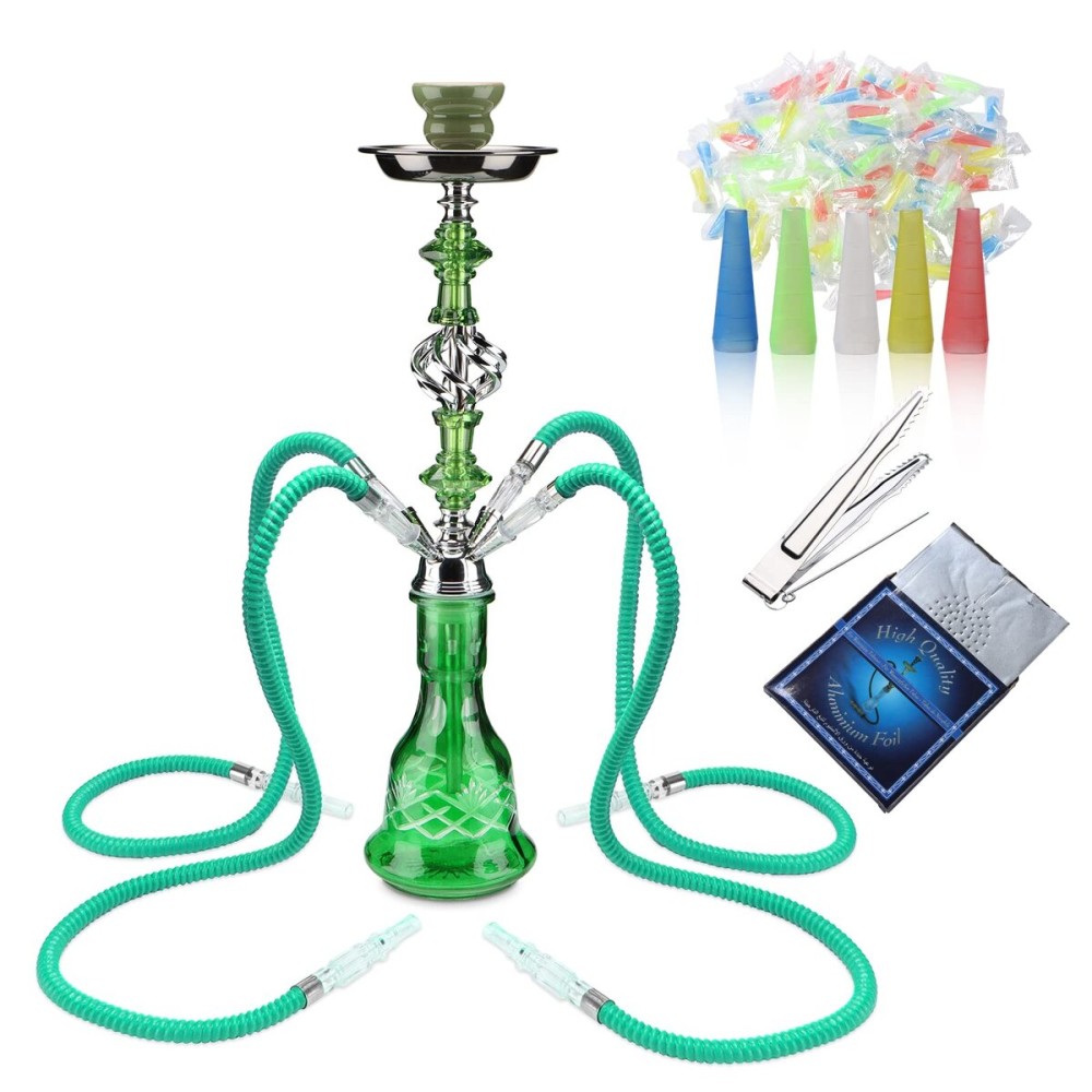 Hookah Set With Everything 4 Hose - GRENAOH 22 Premium Hookah Shisha set with Glass Vase, Ceramic Bowl and Coal Tongs Ashtray (4-green)