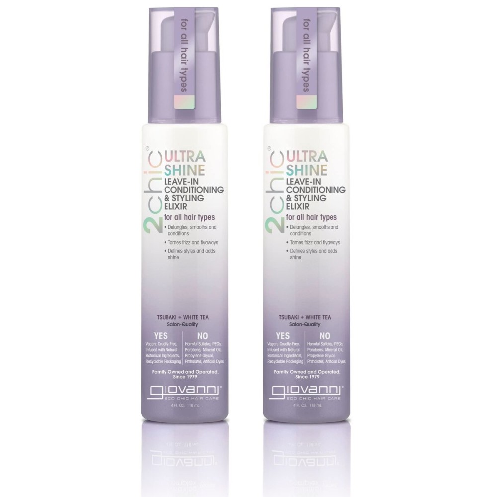 GIOVANNI 2chic Ultra Shine Leave-In Conditioning & Styling Elixir - Hair Serum for All Hair Types, Leave in Hair Treatment, Tsubaki Seed Oil & White Tea, Detangles, Smooths & Conditions - 4oz (2 Pack)