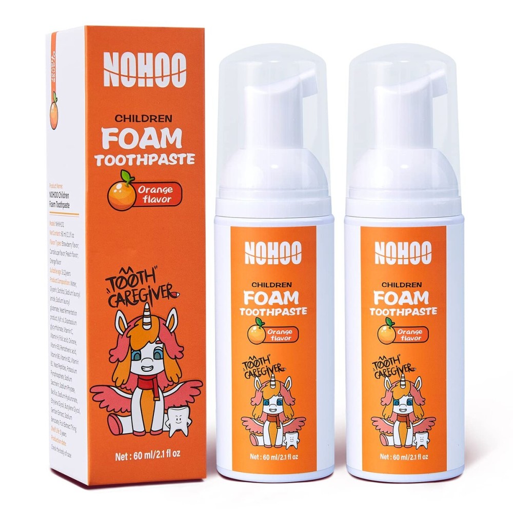 NOHOO Fluoride Free Foam Toothpaste Kids Orange Flavour,Natural Training Toothpaste for Baby Toddler Children Oral Cleaning and Cavity Protection(2 Pack)