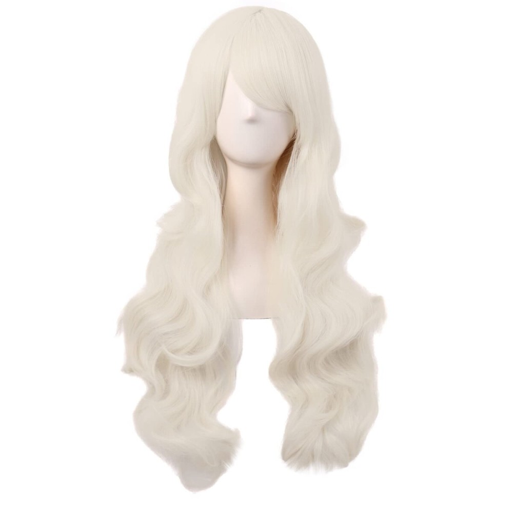 MapofBeauty 28 Inch/70 cm Charming Women Side Bangs Long Curly Full Hair Synthetic Wig (Platinum Blonde)