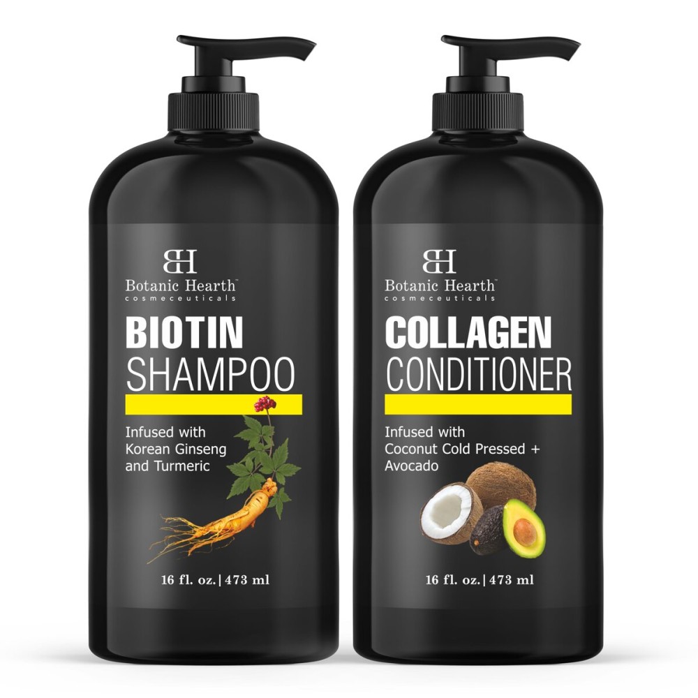 Botanic Hearth Biotin Shampoo and Conditioner with Collagen | Fights Hair Loss & with Korean Ginseng & Turmeric, Conditioner Promotes Hair with Avocado and Coconut | 16 fl oz x 2