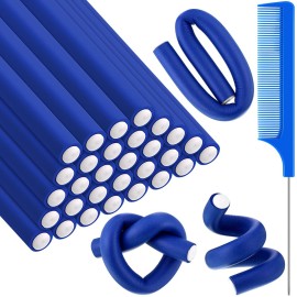 Syhood 30 Pcs Flexible Curling Rods 9.45 Twist Foam Rollers Soft Foam No Heat Hair Rods Rollers and 1 Steel Pintail Comb Rat Tail Comb for Women Long Short Hair(Dark Blue,9.45 x 0.55 Inch)