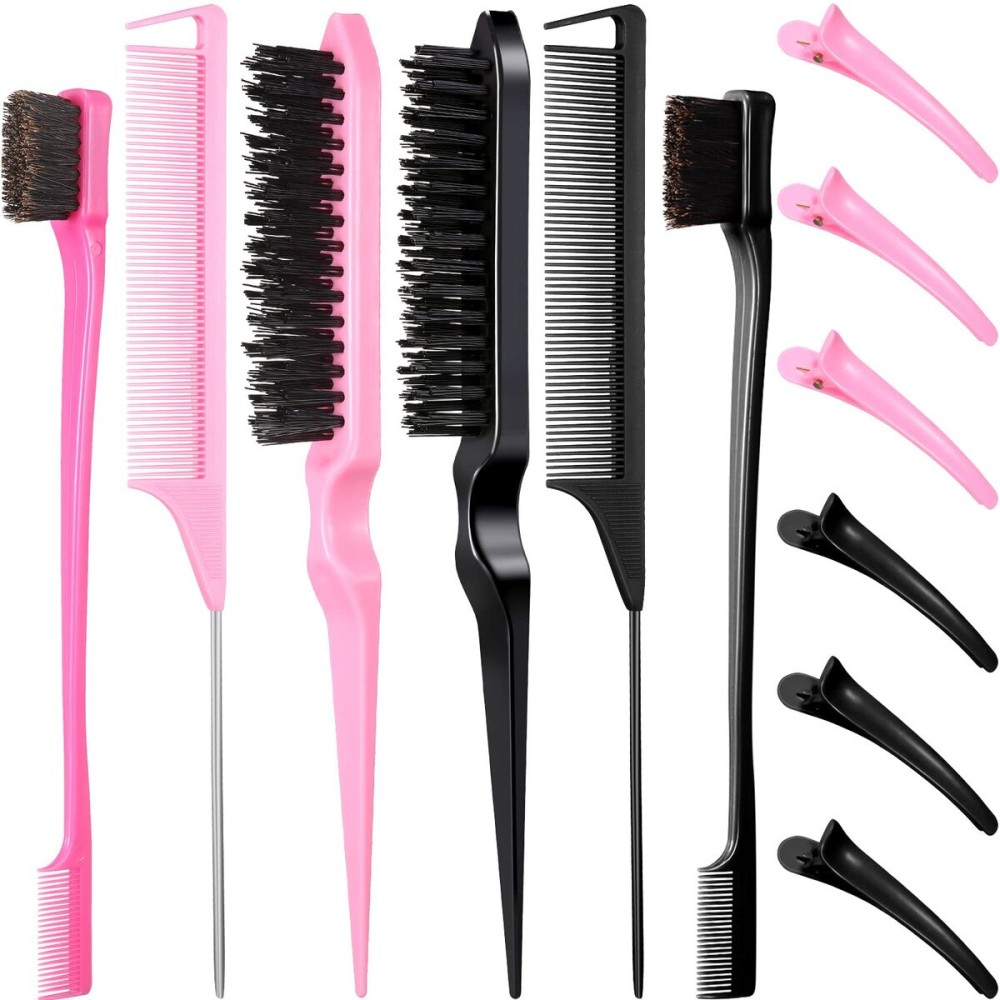 Remerry Hair Brush Set, 12 Pieces Including Nylon Teasing Brushes, Double Sided Hair Edge Brush, Smooth Comb Grooming, Rat Tail Combs & Duckbill Clips (Black, Pink)