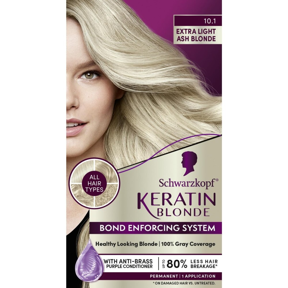 Schwarzkopf Keratin Color Permanent Hair Color, 10.1 Extra Light Ash Blonde, 1 Application-Salon Inspired Permanent Hair Dye, for up to 80% Less Breakage vs Untreated Hair and up to 100% Gray Coverage