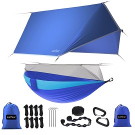 Sunyear Camping Hammock-Hammocks with Net and Rain Fly Tarp - Portable Single&Double Lightweight Nylon Parachute Hammocks with Hammock Tree Straps for Backpacking Hiking Travel Camping Indoor Outdoor