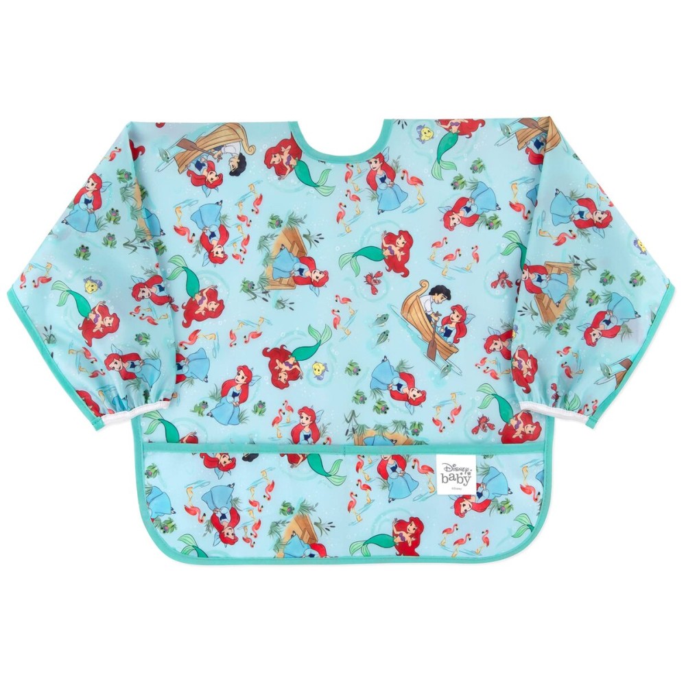Bumkins Disney Sleeved Bib for Girl or Boy, Baby and Toddler for 6-24 Mos, Essential Must Have for Eating, Feeding, Baby Led Weaning Supplies, Long Sleeve Mess Saving Food Catcher, Soft Fabric, Ariel