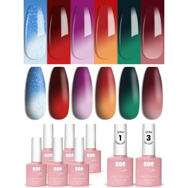 YTD Likomey Color Changing Gel Nail Polish 6 Colors with Base and Top Coat Kit,Fall Winter Mood Temperature Change Colors Red Green Blue Ombre Thermal Manicure UV Color Gel Set,8 Pcs 7.5 ml