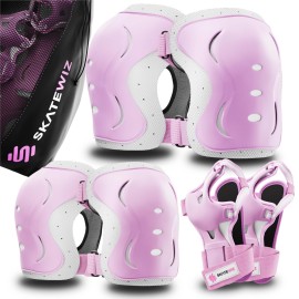 SKATEWIZ Knee and Elbow Pads for Kids 8-14 - Impact Size S Pink White - Knee Pads for Kids - Wrist Guards for Skating Scooter Roller Skates Skateboard - Ice Skates Ages 6-12
