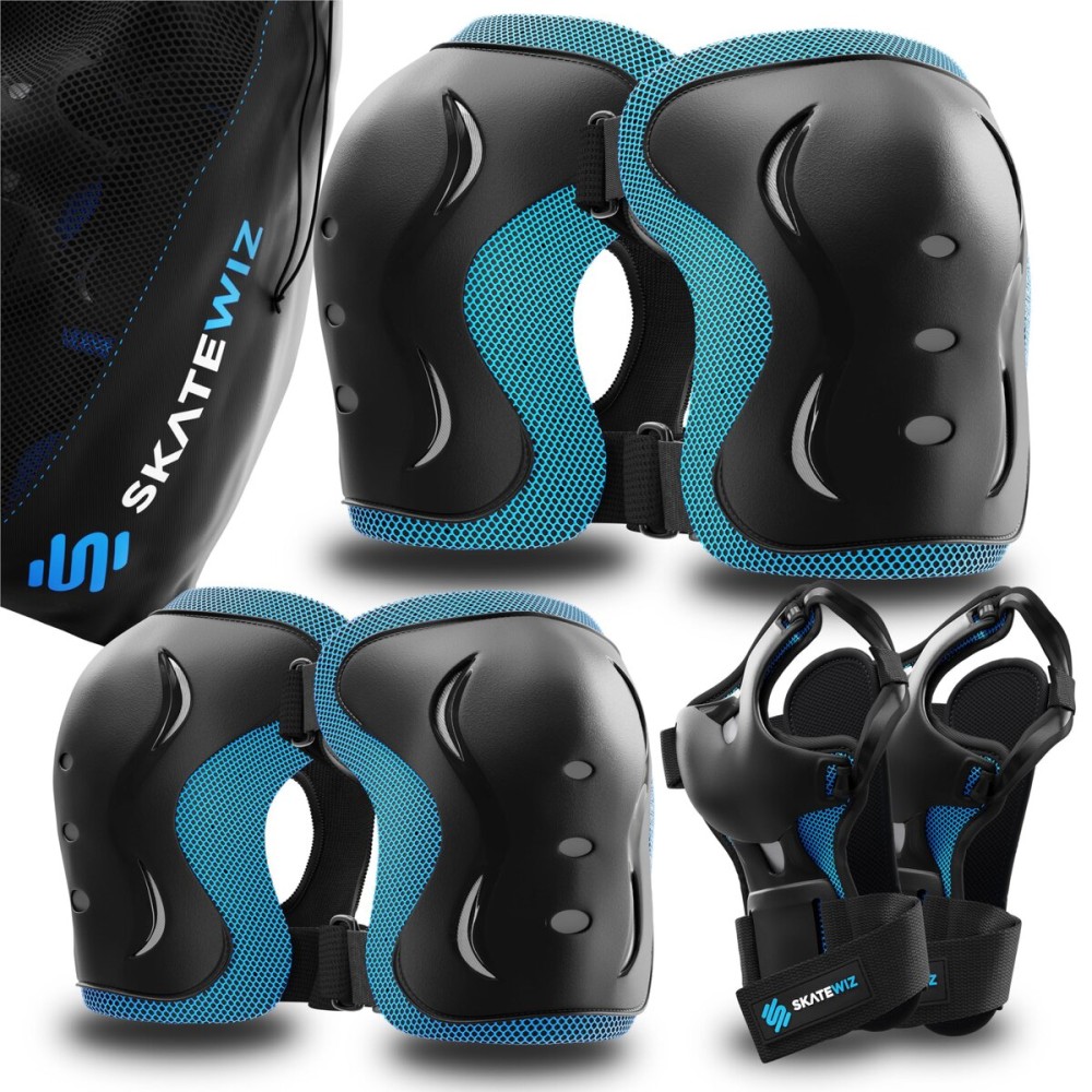 SKATEWIZ Knee and Elbow Pads Adult - Impact Size M Blue - Skating Protective Gear Adult - Wrist Guards for Skating Scooter Roller Skates Skateboard - Ice Skates Men