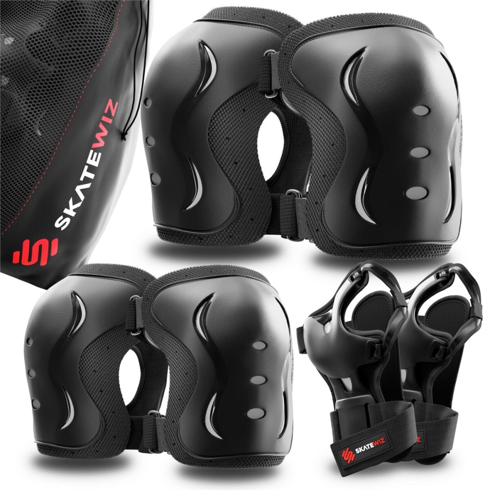 SKATEWIZ Knee and Elbow Pads Adult - Impact Size M Black - Skating Protective Gear Adult - Wrist Guards for Skating Scooter Roller Skates Skateboard - Ice Skates Men