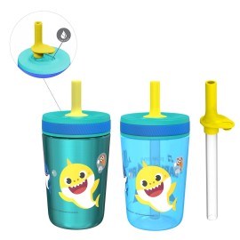 Zak Designs Baby Shark Kelso Tumbler Set, Leak-Proof Screw-On Lid with Straw, Bundle for Kids Includes Plastic and Stainless Steel Cups with Bonus Sipper (3pc Set, Non-BPA)