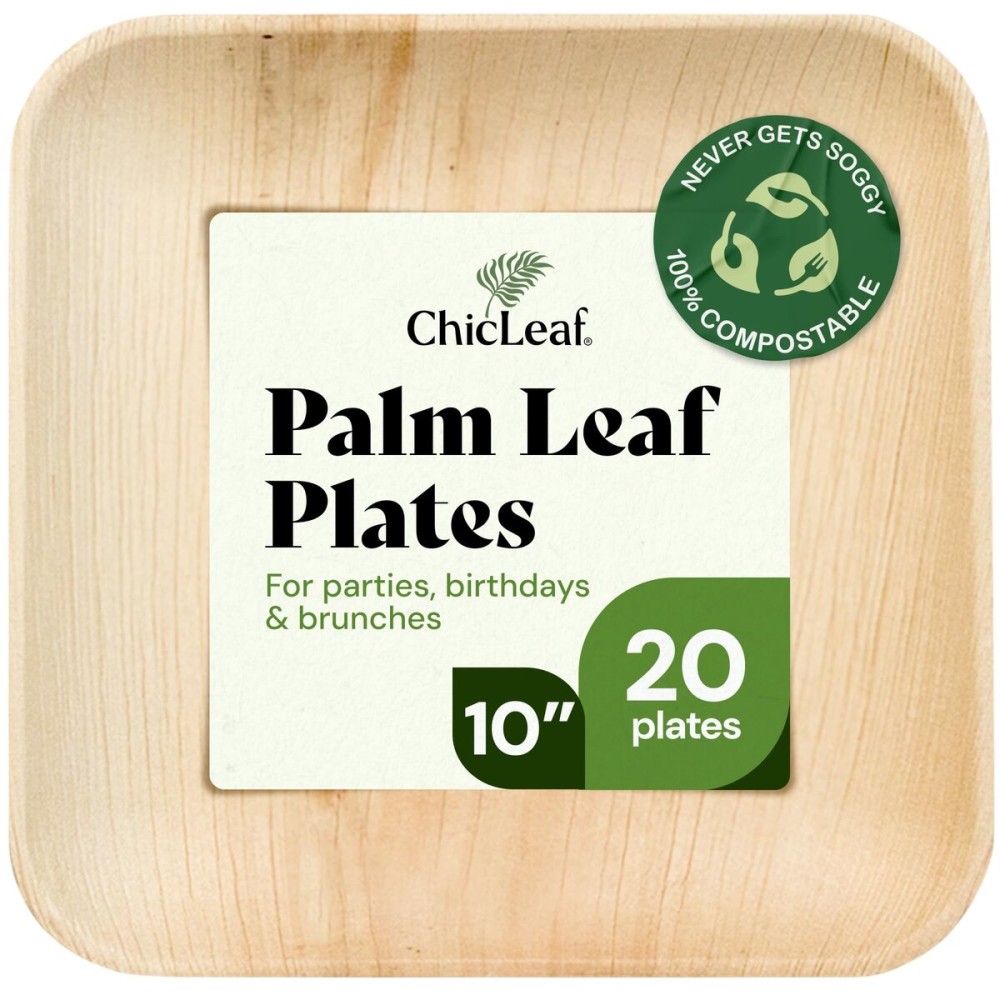 Chic Leaf Palm Leaf Disposable Bamboo Plates - Square, Biodegradable & Compostable Party Plates for Weddings, Parties & Events, Christams Dinner Turkey Meal Holiday - Disposable Platter (10, 20 Pack)
