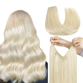HOTBANANA Wire Hair Extensions, 12 inch 70g Platinum Blonde Fish Line Hair Extensions Real Human Hair Straight Invisible Wire Hair Extensions Remy Hair Extensions