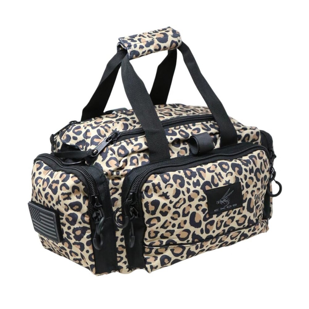 Exos Tactical Range Bag - Medium Size Range Bag for Shooting - Gun Case for Handguns, Ammo Storage, Tactical Backpack, Molle Webbing, Free Subdued USA Patch, Designed in the USA (Black Leapord)