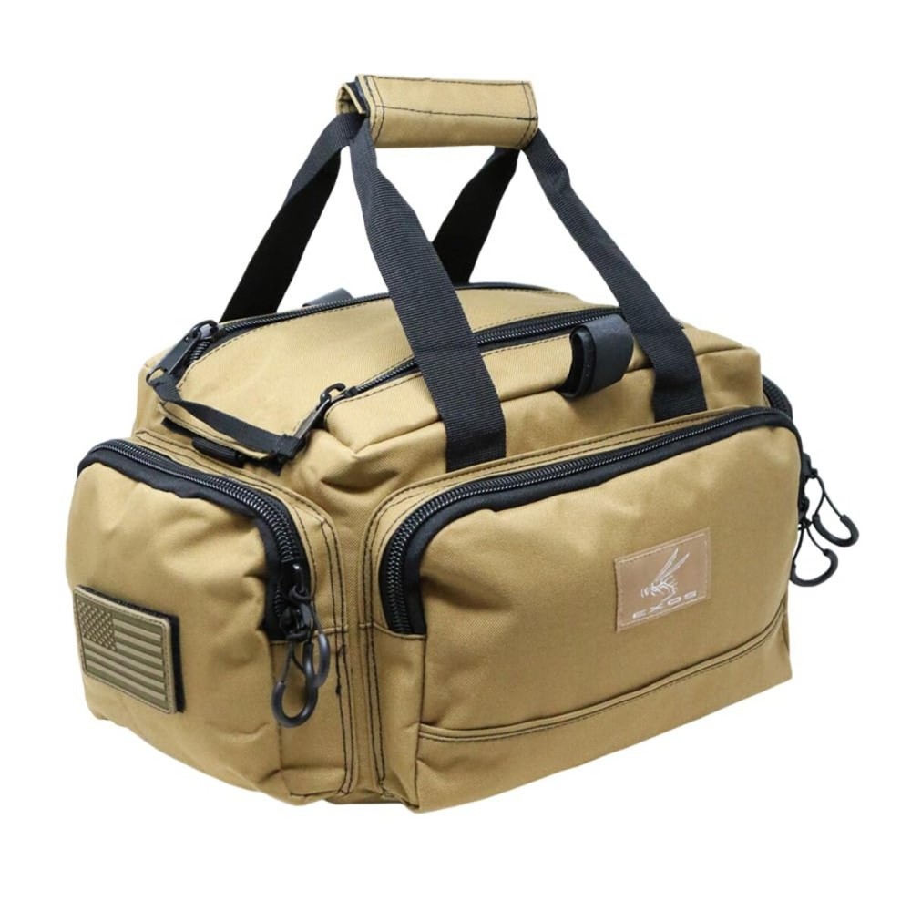 Exos Tactical Range Bag - Medium Size Range Bag for Shooting - Gun Case for Handguns, Ammo Storage, Tactical Backpack, Molle Webbing, Free Subdued USA Patch, Designed in the USA (Coyote Tan)