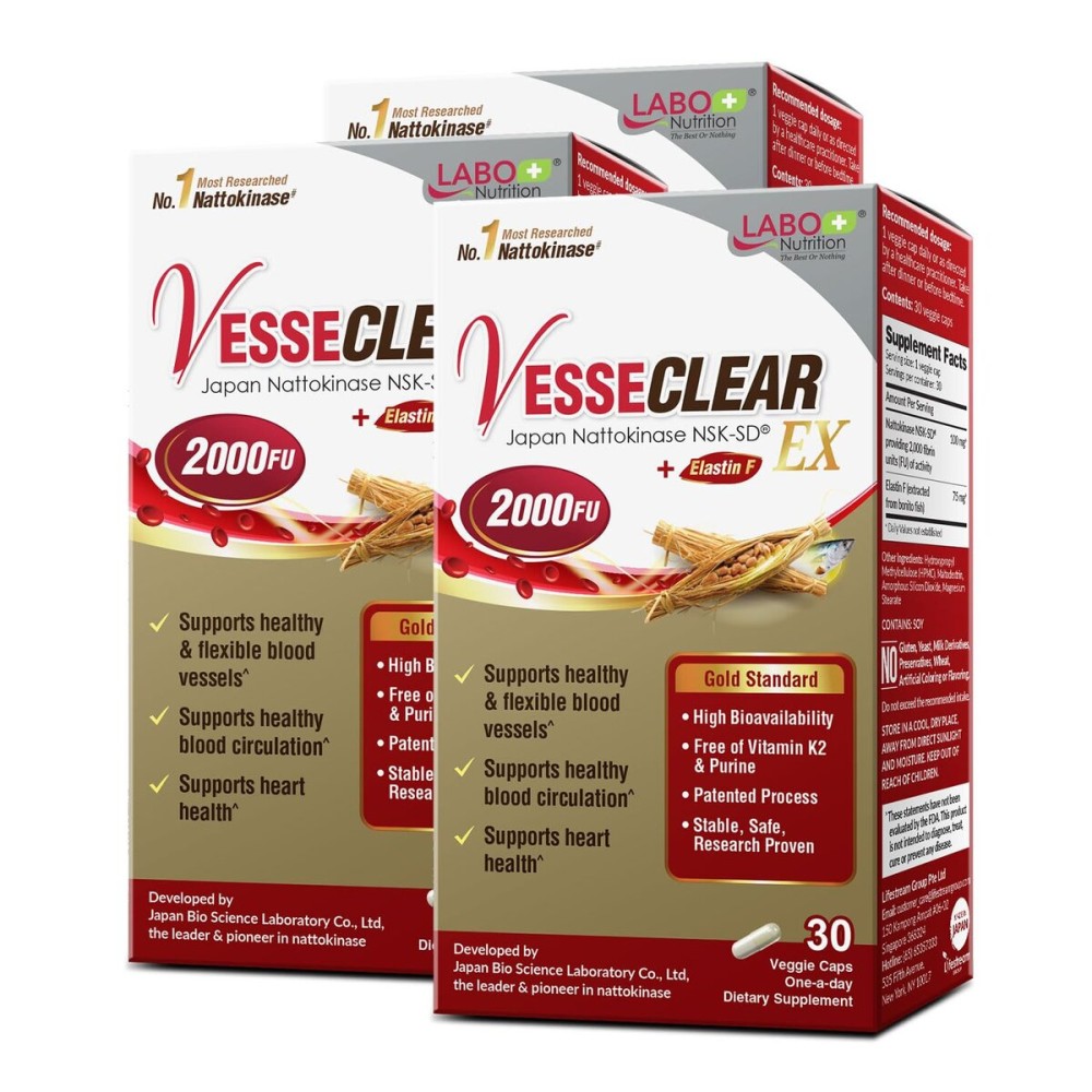 LABO Nutrition VesseCLEAR EX: Nattokinase NSK-SD+Elastin F for Clean & Flexible Blood Vessel. Japan\'s Most Clinically Studied, Functional Dose, Acid-Resistant/Delayed Release Capsules, 90 Count
