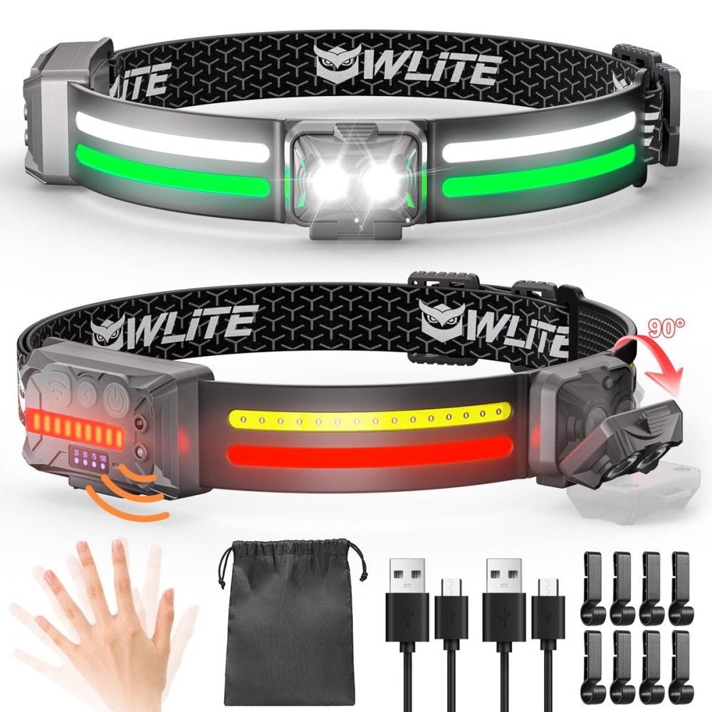 EGUKU Headlamp Rechargeable, 2Pack Rechargeable LED Headlamps 1200Lumens 2 COB 260Wide Beam Headlight with Motion Sensor Bright 18 Modes Lightweight Waterproof Head Lamp for Running, Camping Hiking