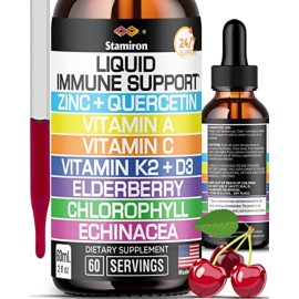 Zinc Quercetin Vitamin C D3 Liquid Immune Support with Vitamin A K2 Echinacea Chlorophyll and Elderberry - 9in1 Immune Defense Drops Complex for Immunity Health Respiratory Health - 60 Servings