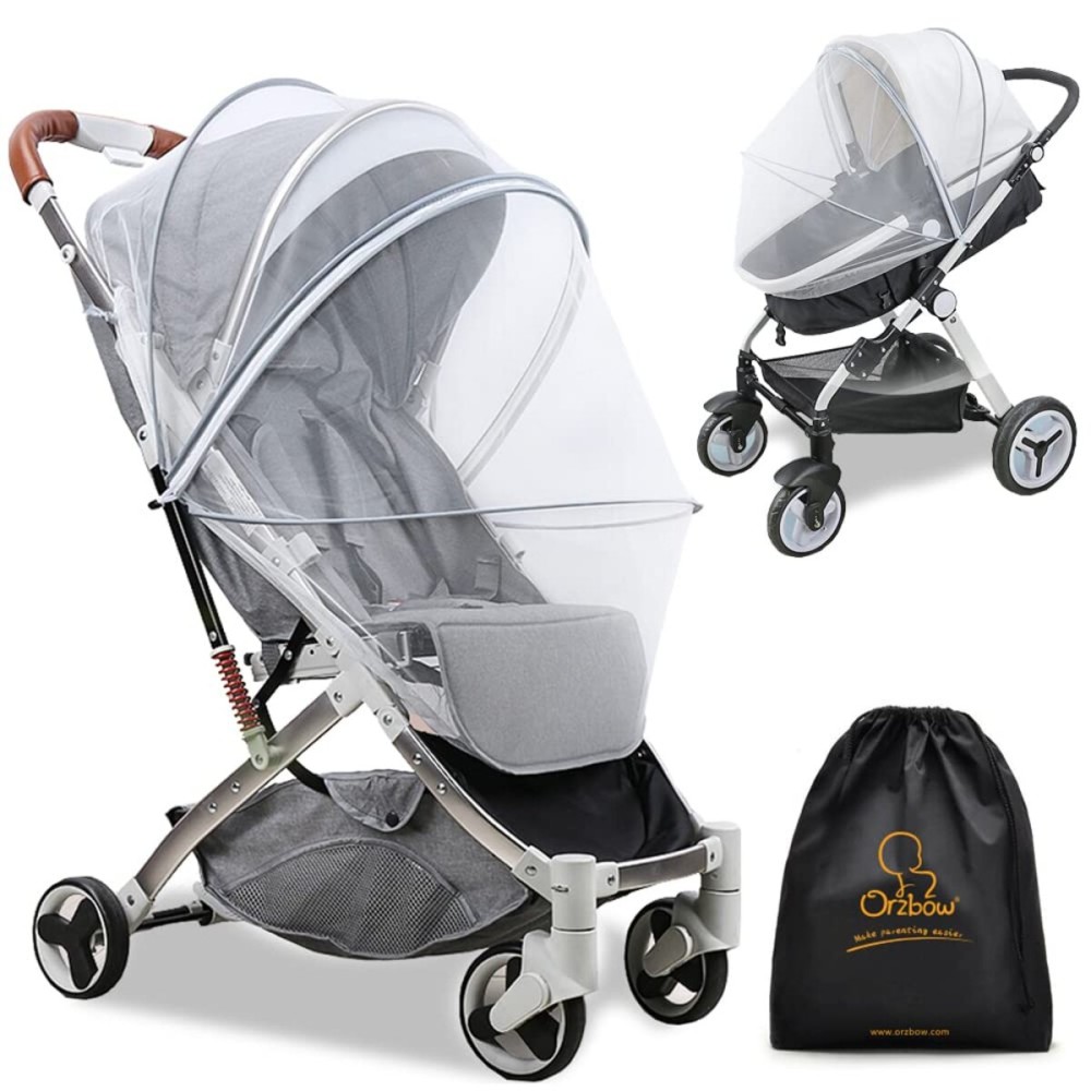 Orzbow Universal Mosquito Net for Stroller, Baby Stroller Bug Net with Two-Way Zippers and Storage Bag, Breathable & Foldable Mosquito Cover for Car Seats, Bassinets, Cradle, Portable Mini Crib, White