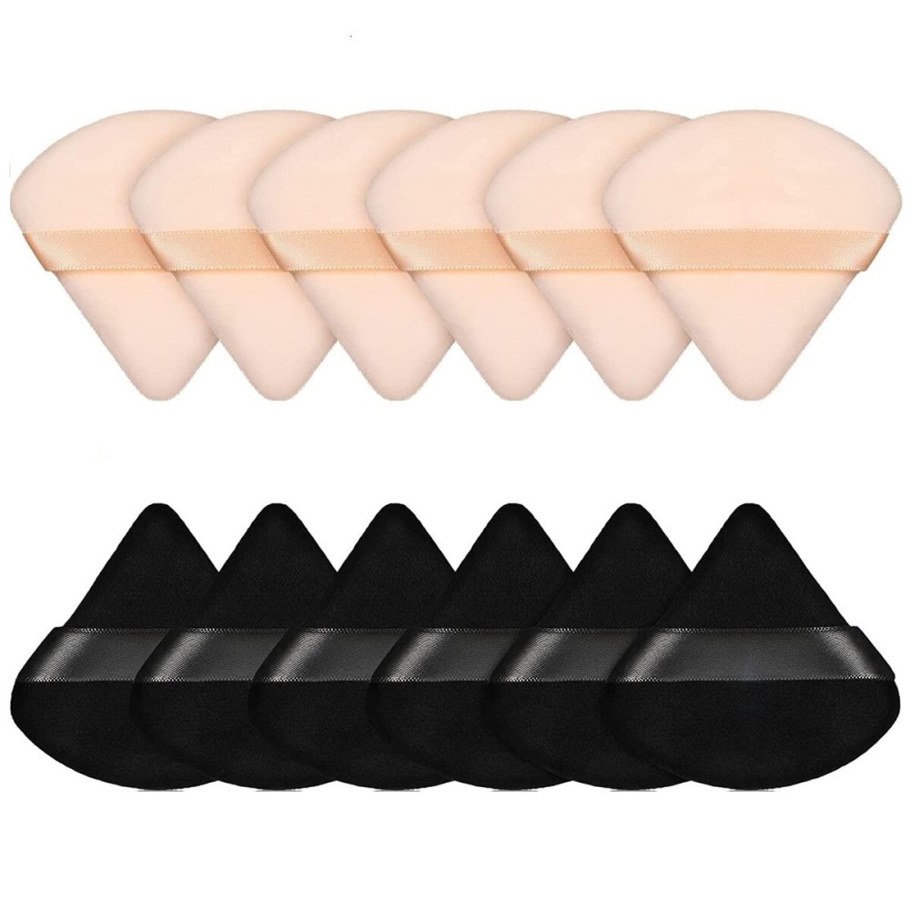 Pimoys 12 Pieces Powder Puff Face Triangle Powder Puffs for Loose Powder Setting Powder Cosmetic Foundation Makeup Blender Sponge Beauty Makeup Tool(Black, Flesh)