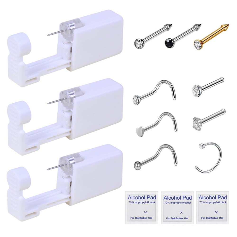 HYJLPAF Nose Piercing Kit - 3 Pack Self Piercing Gun, Disposable Safety Kit with Nose Rings and Studs