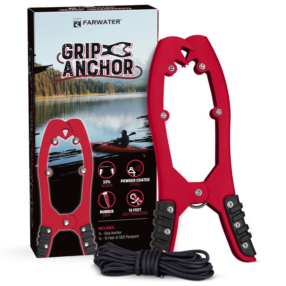 FARWATER Canoe Anchor Grip - Boat, Float Tube & Kayak Fishing Accessories, Kayaking Equipment - Brush Clamp Anchor with Teeth - Gripper with 15ft Paracord - Rubber Grips - Coated Steel - Matte Red