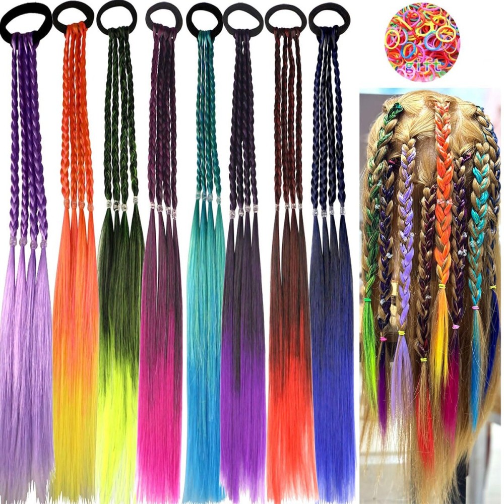 Colored Braids Hair Extensions with Rubber Bands Rainbow Braided Synthetic Hairpieces Ponytail Hair Accessories for Women Kids Girls Party Highlights Cosplay Dress Up (8PCS D Style)