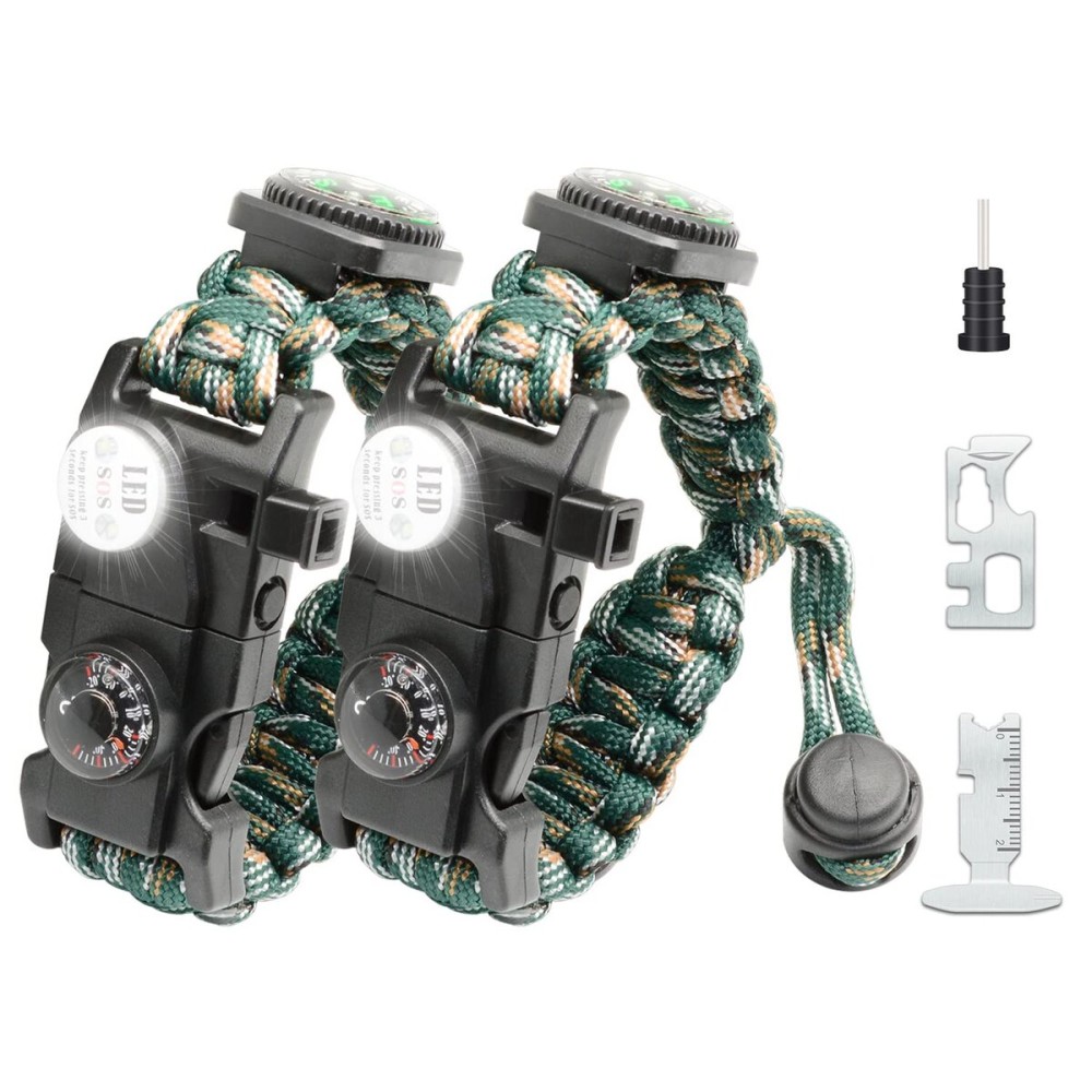 NVioAsport 20 in 1 Survival Paracord Bracelet Adjustable Gear Kit with SOS LED Light, Fire Starter, Bigger Compass, Survival Whistle, Perfect for Camping, Hiking, Fishing