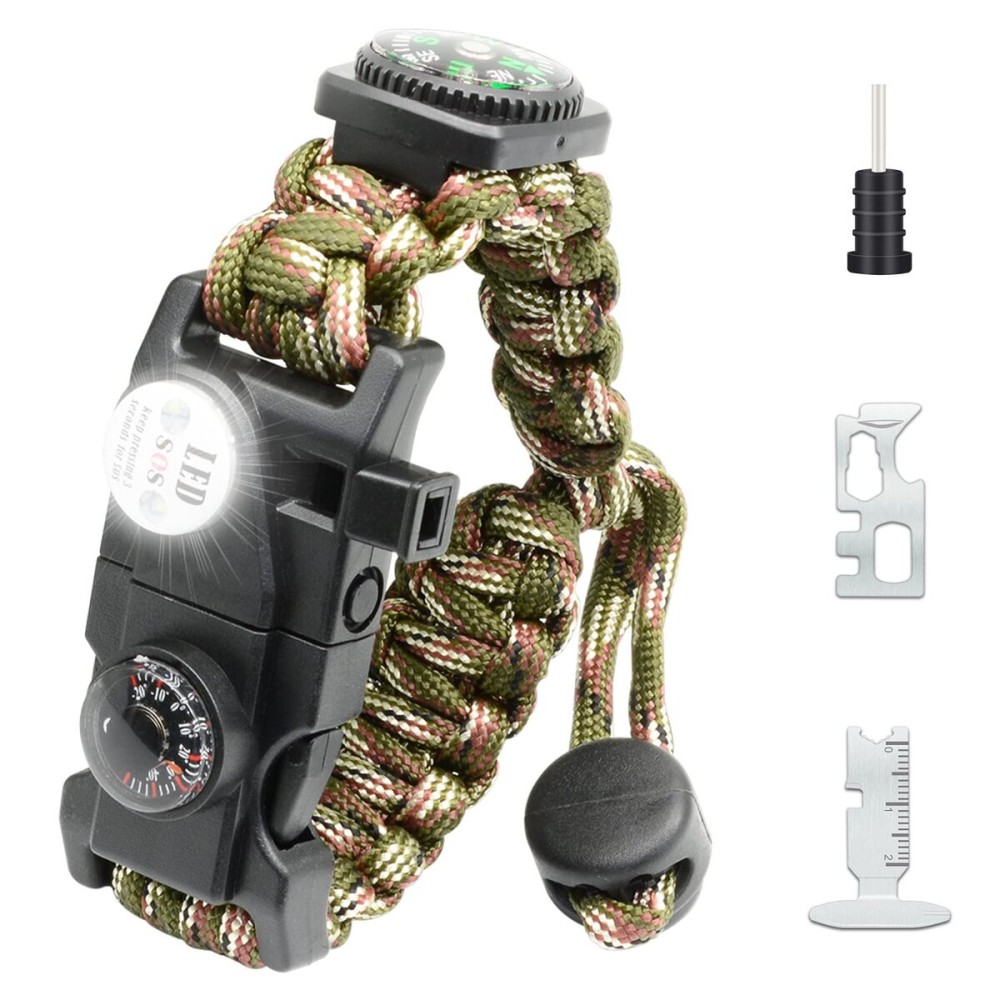 NVioAsport 20 in 1 Paracord Bracelet, Adjustable Gear Kit with SOS LED Light, Fire Starter, Bigger Compass, Survival Whistle, Perfect for Camping, Hiking, Fishing, Survival Bracelet