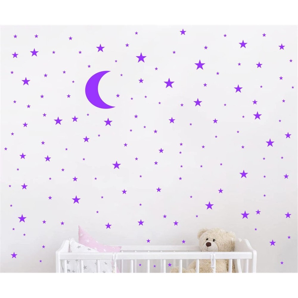 Moon and Stars Wall Decal Vinyl Sticker for Kids Boy Girls Baby Room Decoration Good Night Nursery Wall Decor Home House Bedroom Design YMX16 (Purple)