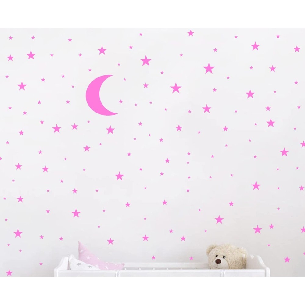 Moon and Stars Wall Decal Vinyl Sticker for Kids Boy Girls Baby Room Decoration Good Night Nursery Wall Decor Home House Bedroom Design YMX16 (Pink)
