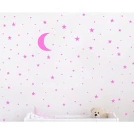 Moon and Stars Wall Decal Vinyl Sticker for Kids Boy Girls Baby Room Decoration Good Night Nursery Wall Decor Home House Bedroom Design YMX16 (Pink)