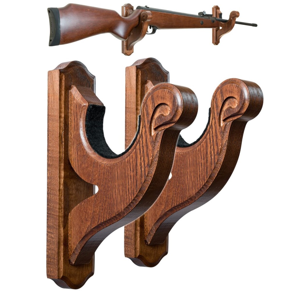 TESLYAR Gun Holder Wall Mount - Forked Rifle Hooks for Shotguns and Rifles, Wooden Gun Rack, Real Hardwood, Set of 2, Brown Finish, Rifle Wall Mount Display