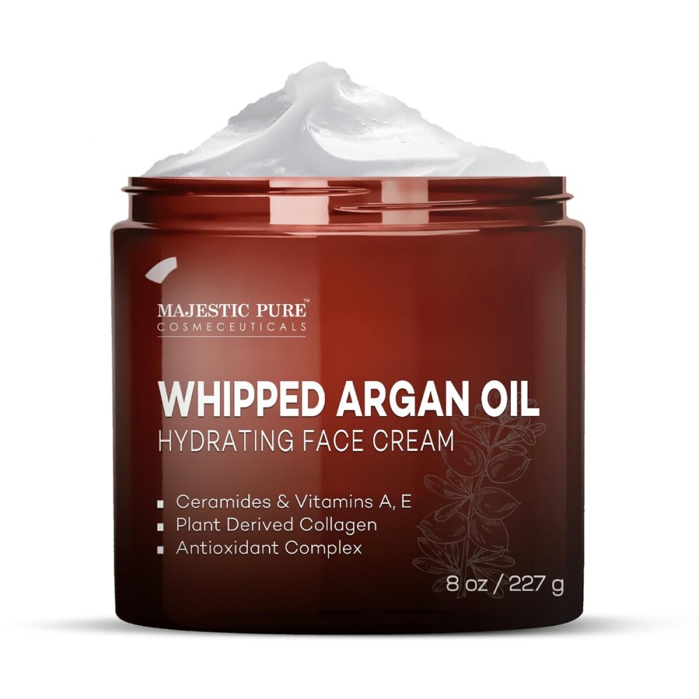 Majestic Pure Whipped Argan Oil Moisturizer Face Cream for Women & Men - With Vitamin E A, Collagen & Ceramides - Hydrates Dry Skin, Oily Skin, Reduces Appearance of Fine Lines - 8oz